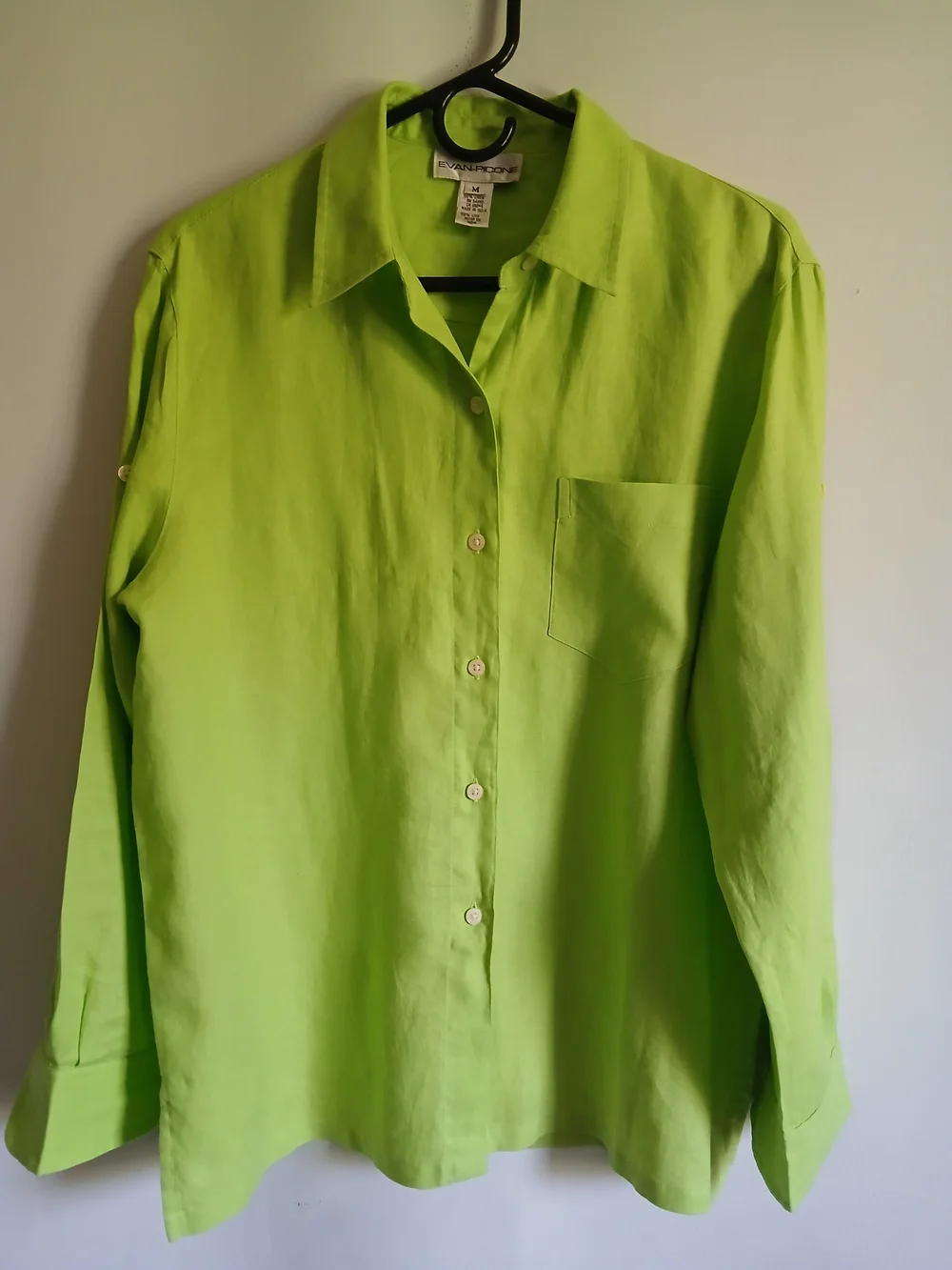 EVAN-PICONE Women's Lime Green Blousr 100% Linen SzM Roll Tab Sleeve